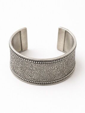 Intricate Etched Silver Cuff Bracelet
